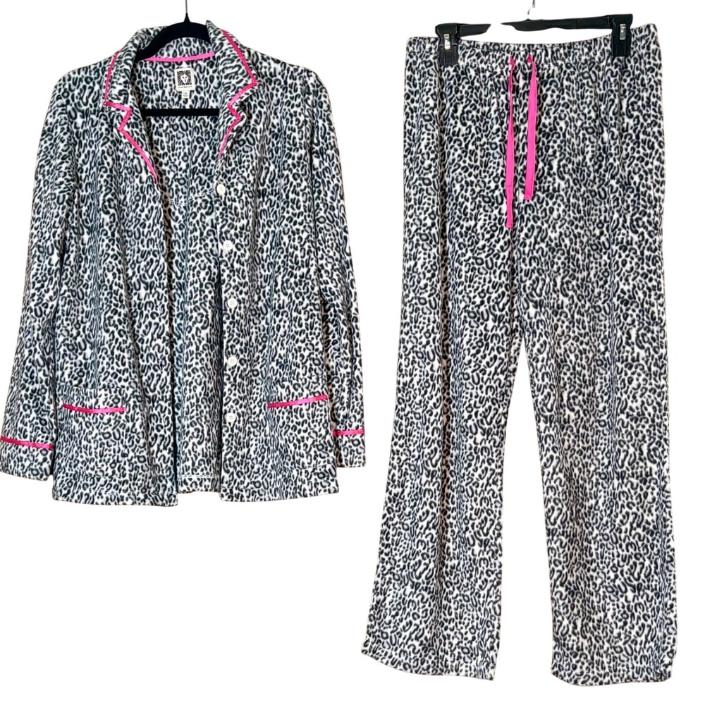 Anne Klein Womens Leopard Print Fleece Pajama Set Button Up Pants Pink Trim Med
